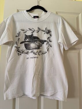 St. Thomas White Women's Graphic Tee with Kitten Hat Design